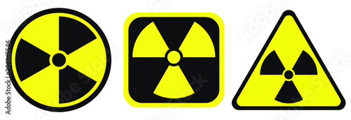 Radiation warning black and yellow signs in circle, square and triangle shape. Radioactivity warning vector symbol isolated on white background.