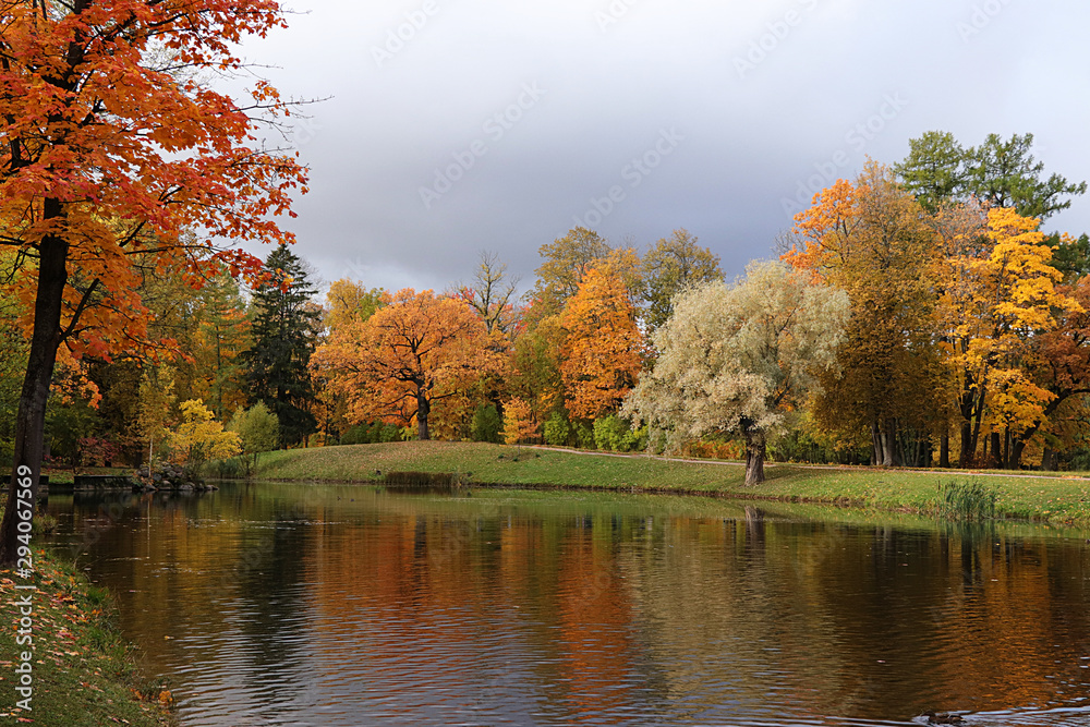 October autumn park in Russia, lake with red leaves and reflection in the lake, Alexander Park, Tsarskoye Selo, Leningrad Region. Beautiful autumn landscape in the park,
