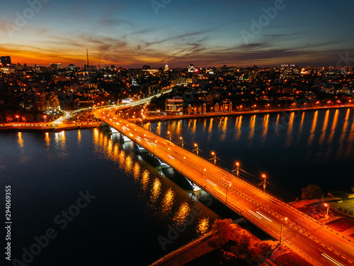 Night summer Voronezh, Chernavsky bridge and Massalitinov embankment, aerial view photo