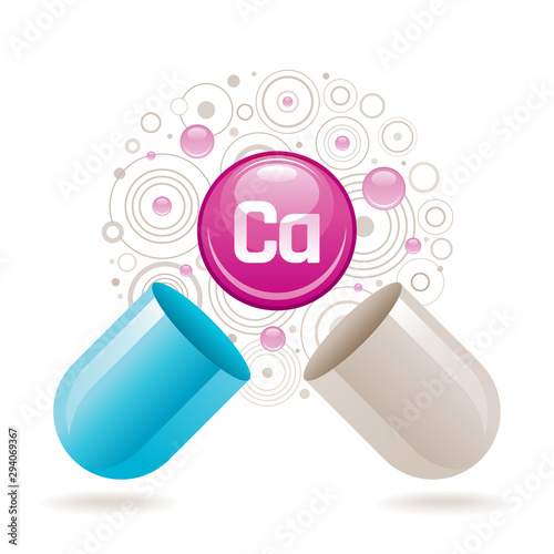 Mineral vitamin Calcium supplement for health. Capsule Ca element icon, healthy diet symbol. 3d color ball isolated on white background. Trendy vector illustration, medical minerals supply concept