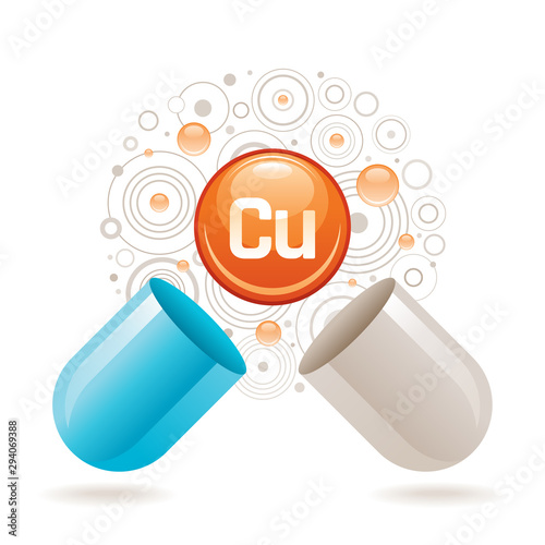 Mineral vitamin Copper supplement for health. Capsule with Cu Cuprum element icon, healthy diet symbol. 3d color ball isolated on white background. Trendy vector illustration, medical minerals supply