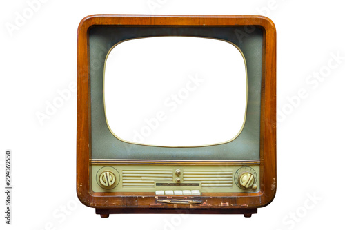 Vintage television with cut out screen for mock up isolated on white background. Retro tv with wooden case