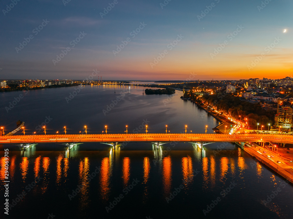 Night summer Voronezh, Chernavsky bridge and Massalitinov embankment, aerial view Night summer Voronezh, Chernavsky bridge and Massalitinov embankment, aerial view