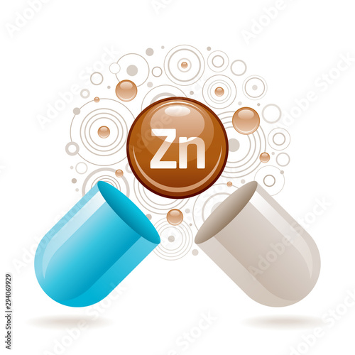 Mineral vitamin Zinc supplement for health. Capsule with Zn element icon, healthy diet symbol. 3d color ball isolated on white background. Trendy vector illustration, medical minerals supply