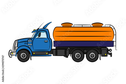 Old truck with a tank. Side view. Vector drawing. Isolated object on a white background. Isolate.