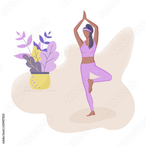 Trendy concept of fitness class:cute black girl standing in yoga tree pose.Flat Funky Figures style.Decorated beautiful leaves.Vector illustration.For advertising, logo, leaflets,flyer