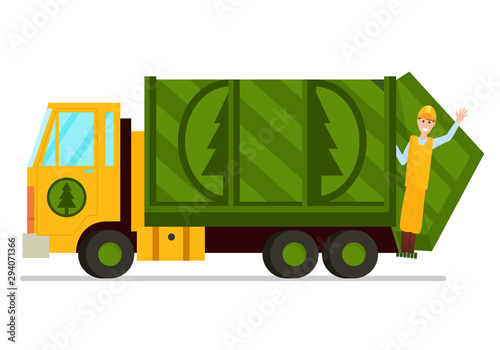 Garbage truck and sanitation worker vector illustration.