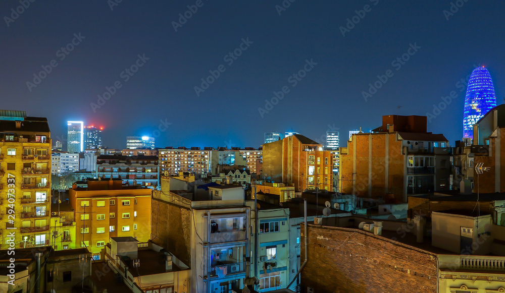 Barcelona city night scene with beautfiul skyline lights in Spain Barcelona city night scene with beautfiul skyline lights in Spain