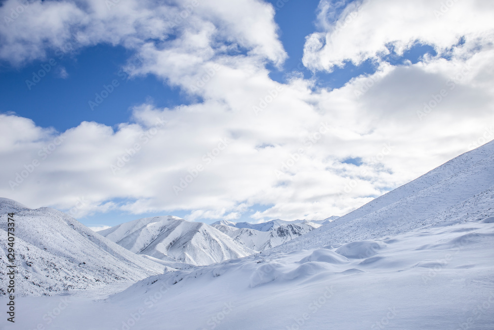 mountains and blue sky, winter landscape, snowy mountain background, cold winter wonderland