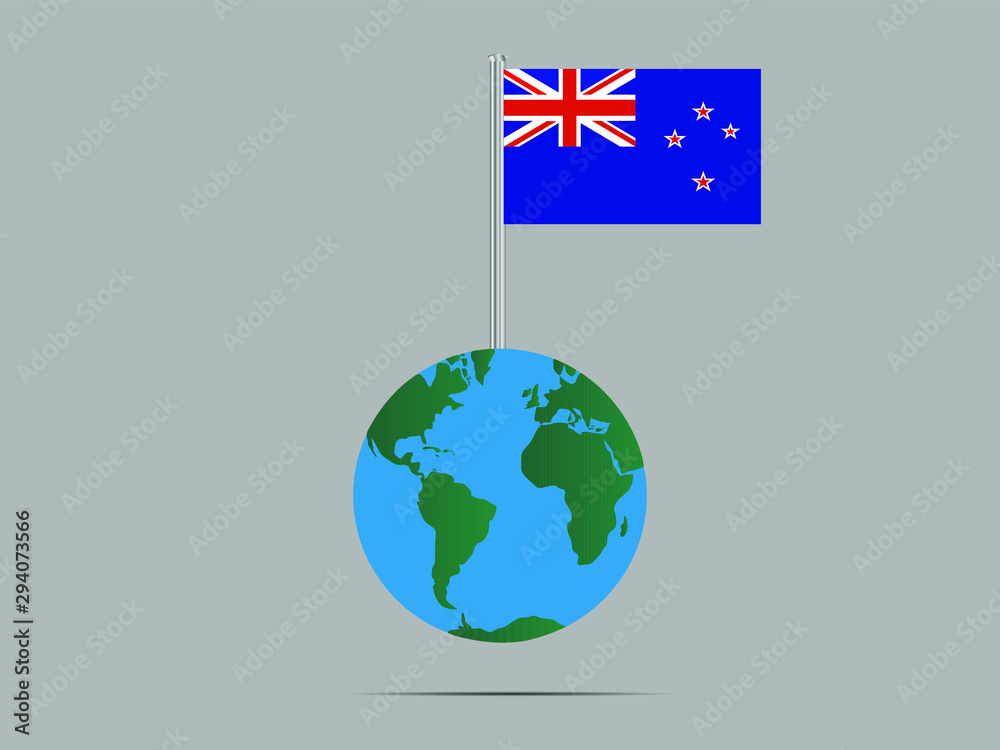 New Zealand National flag on flagpole, planet earth globe and america, africa, asia. original color and proportion, symbol and elements. vector illustration,countries set. New Zealand National flag on flagpole, planet earth globe and america, africa, asia. original color and proportion, symbol and elements. vector illustration,countries set.