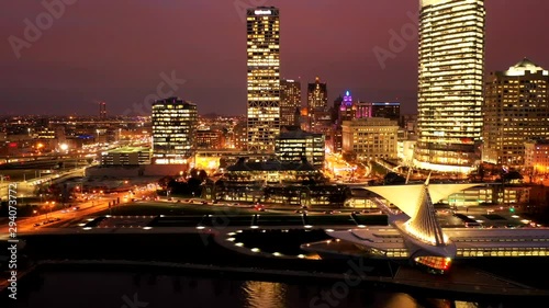Downtown Milwaukee Skyline drone hyperlapse night