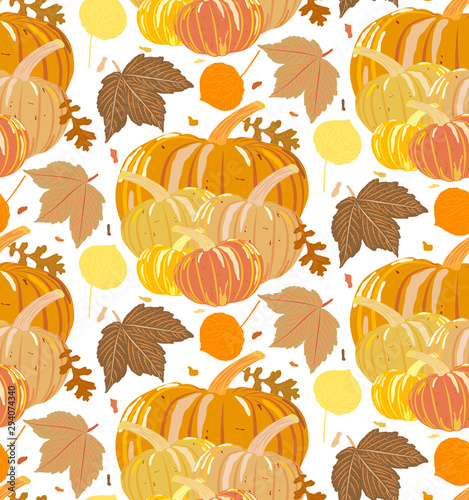 Seamless surface pattern with pumpkins and autumn leaves for thanksgiving wallpaper/wrapping paper/textile/tablecloth/kitchen towel fabric/ table mat print etc