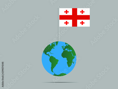 Georgia National flag on flagpole, planet earth globe and america, africa, asia. original color and proportion, symbol and elements. vector illustration,countries set.