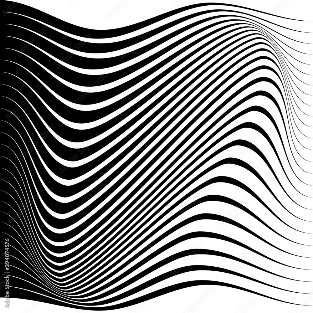 Abstract black curved horizontal triangles on a white background. Op art. Monochrome pattern. For prints, web and template