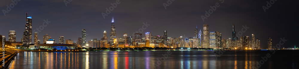 Chicago downtown buildings skyline evening night