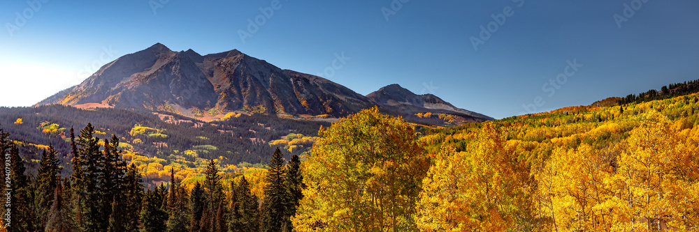 Panorama of a Rocky Mountain valley in Colorado with Aspen trees changing color in the fall season. The autumn colors are yellow, orange and a hint of red. 