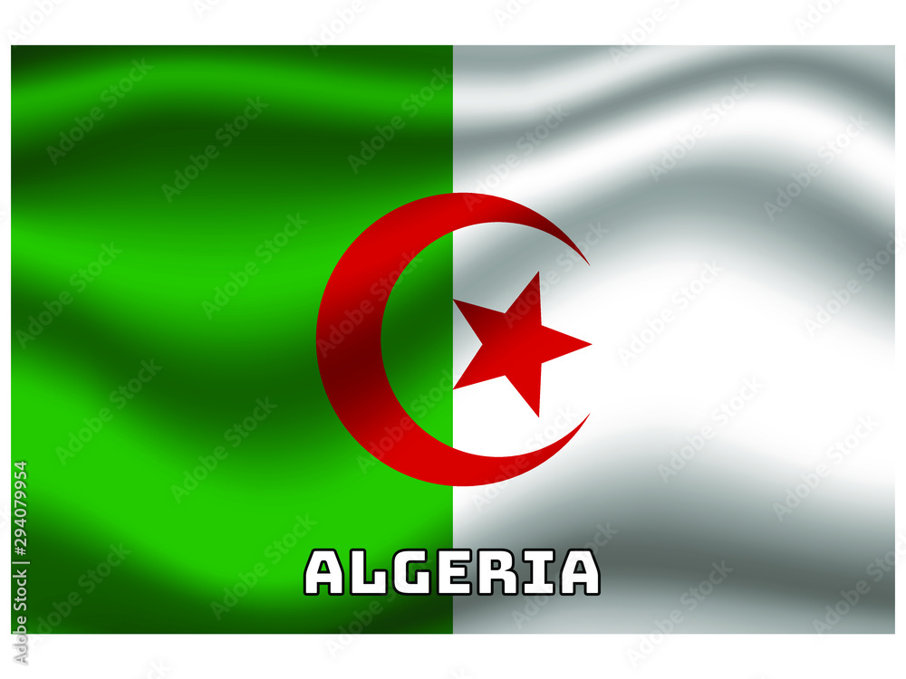 Algeria Waving national flag with name of country, for background. original colors and proportion. Vector illustration symbol and element, from countries set Algeria Waving national flag with name of country, for background. original colors and proportion. Vector illustration symbol and element, from countries set
