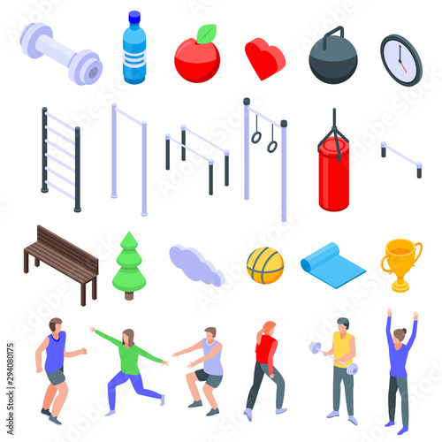 Outdoor fitness icons set. Isometric set of outdoor fitness vector icons for web design isolated on white background