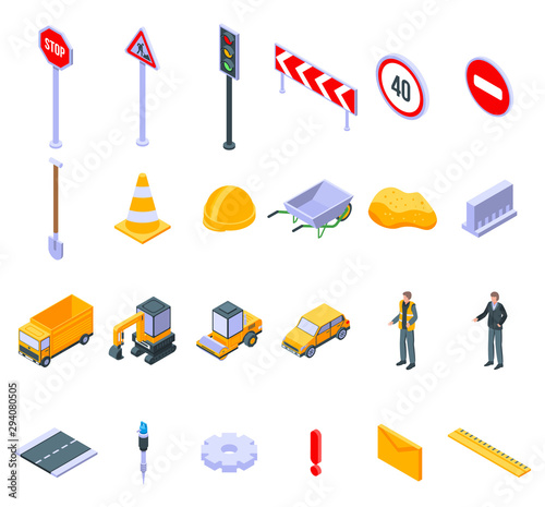 Road repair icons set. Isometric set of road repair vector icons for web design isolated on white background