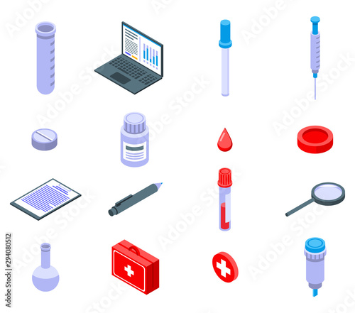 Blood test icons set. Isometric set of blood test vector icons for web design isolated on white background