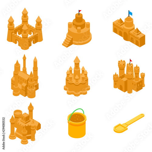 Castle sand icons set. Isometric set of castle sand vector icons for web design isolated on white background