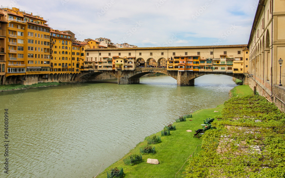 Ponte Vecchio in Florence, Italy. Ancient Bridge over the Arno River in one of Tuscany's biggest Tourist Attractions