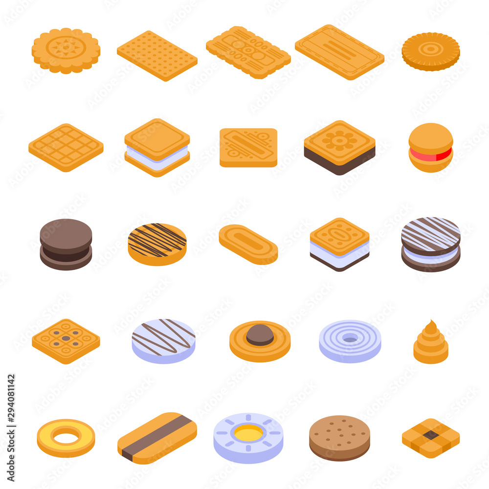 Cookie icons set. Isometric set of cookie vector icons for web design isolated on white background