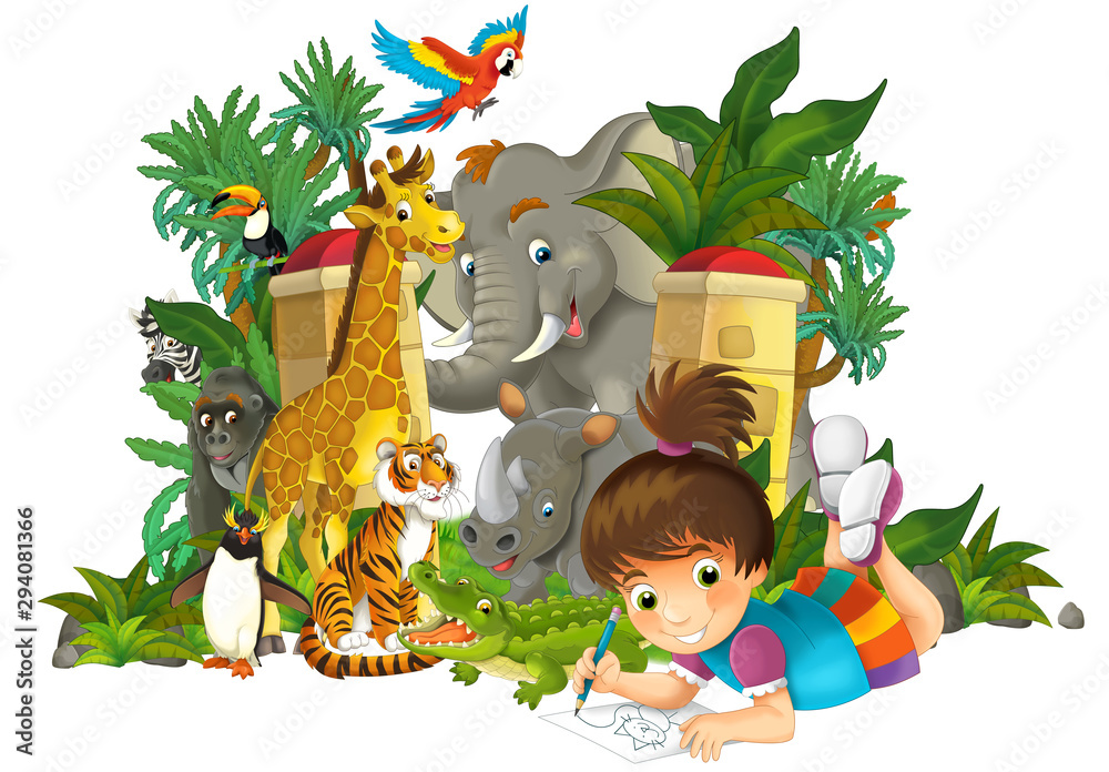 Fototapeta Cartoon zoo scene near the entrance with different animals and kid - amusement park - illustration for children