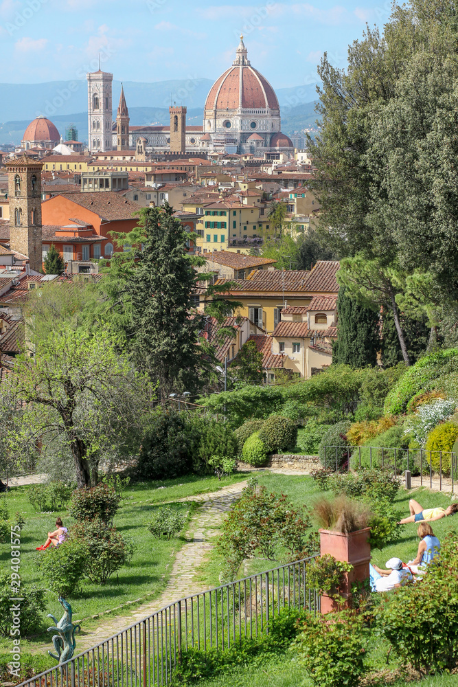 Stunning view over Florence City from the Giardino delle Rose - Garden of Roses with Cathedral in the background