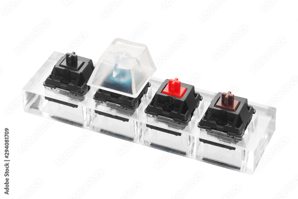 Mechanical switch keys, isolated on white background. Used as a sample keys when choosing a keyboard with mechanical switches. Mechanical switch keys, isolated on white background. Used as a sample keys when choosing a keyboard with mechanical switches.