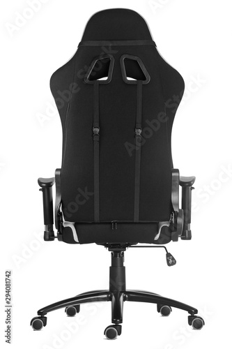 Modern comfortable gaming chair isolated on white background. Back view.
