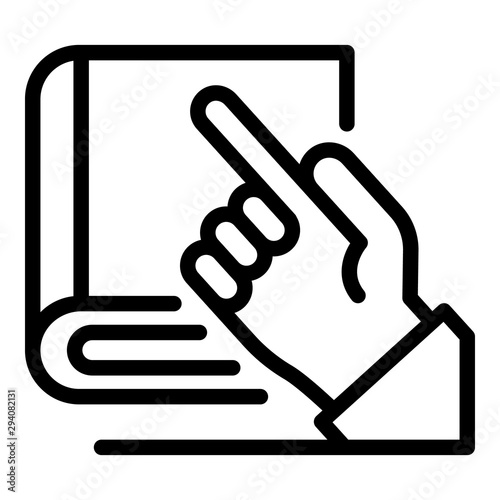 Hand and book of laws icon. Outline hand and book of laws vector icon for web design isolated on white background