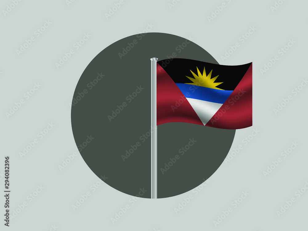 Fototapeta premium Antigua and Barbuda Waving national flag on flagpole inside circle, isolated on gray background. original colors and proportion. Vector illustration, from countries flag set