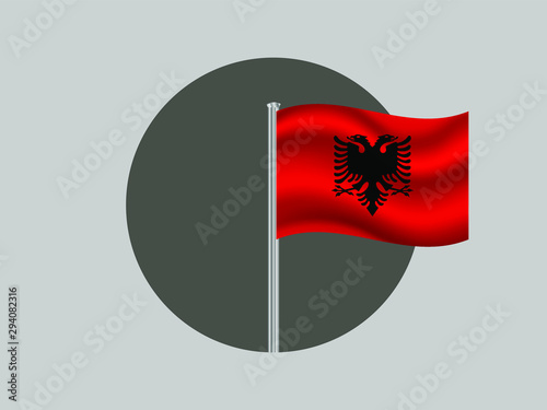 Albania Waving national flag on flagpole inside circle, isolated on gray background. original colors and proportion. Vector illustration, from countries flag set