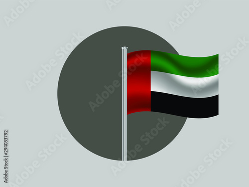 United Arab Emirates  Waving national flag on flagpole inside circle, isolated on gray background. original colors and proportion. Vector illustration, from countries flag set