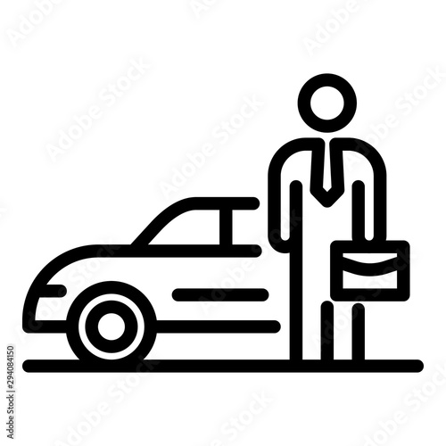 Businessman near car icon. Outline businessman near car vector icon for web design isolated on white background