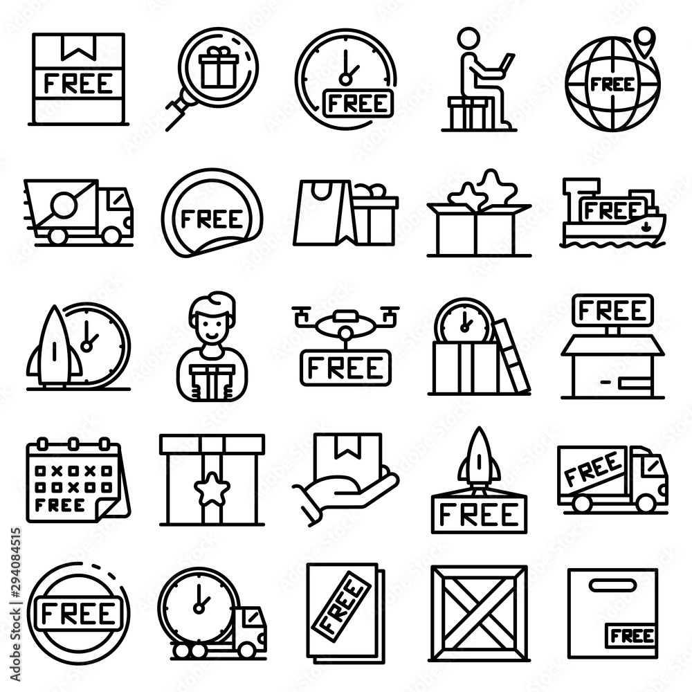 Fototapeta premium Free shipping icons set. Outline set of free shipping vector icons for web design isolated on white background