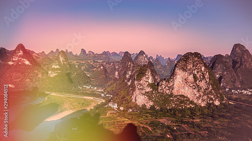 Принти на полотні Sunrise scenic view from Laozhai Shan Mountain, near Xingping, Yangshuo, Guangxi