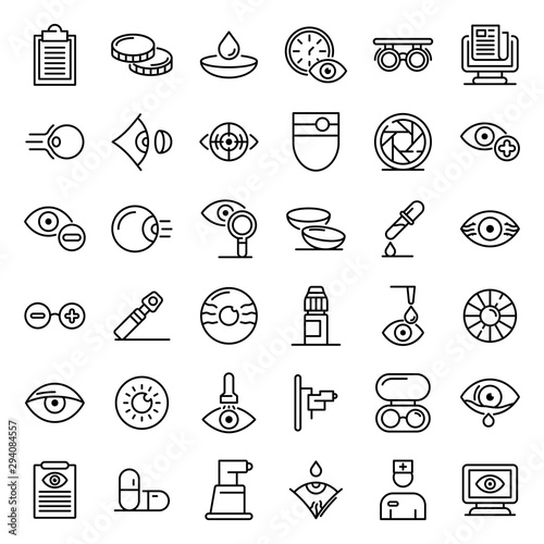 Eye examination icons set. Outline set of eye examination vector icons for web design isolated on white background