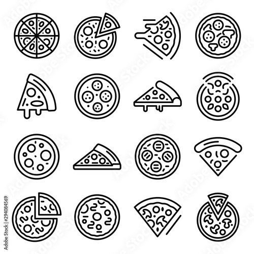 Pizza icons set. Outline set of pizza vector icons for web design isolated on white background