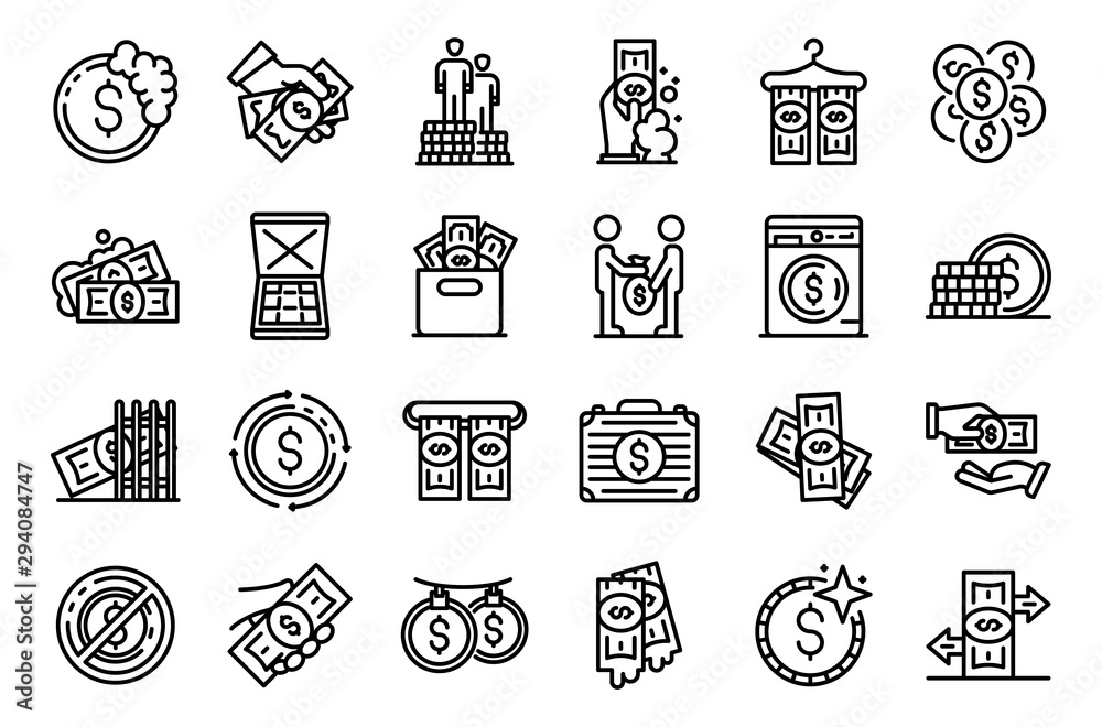 Money laundering icons set. Outline set of money laundering vector ...