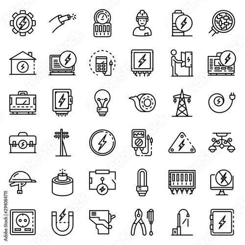 Electrician service icons set. Outline set of electrician service vector icons for web design isolated on white background