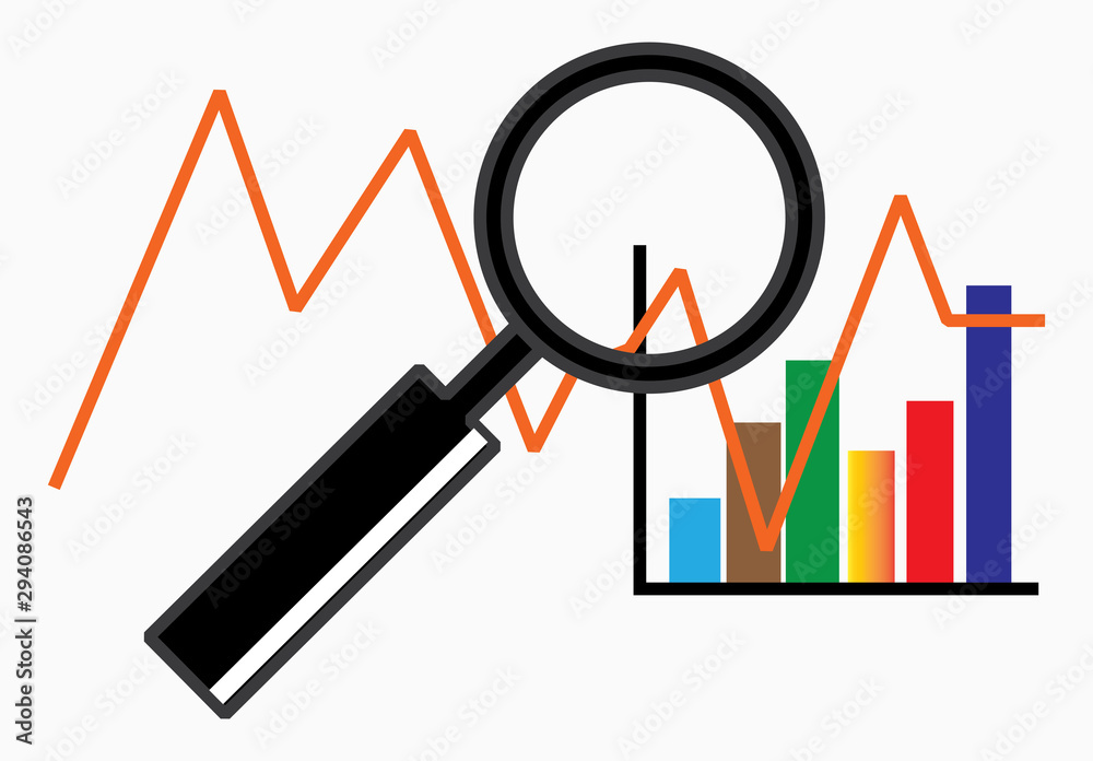 Data Analysis with charts examined by a magnifier - Vector Data Analysis with charts examined by a magnifier - Vector