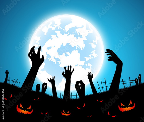 illustration halloween festival background,full moon on dark night with zombie hand up from the grave,many ghost and devil walking to castle for celebration halloween day