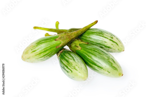 Closeup image of green small thailand striped egglants group isolated at white background. Healthy vegan vegetable diet concept.