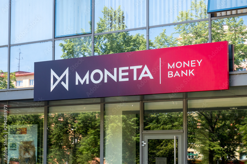 Logo of the Money Bank above the entrance foto de Stock Adobe