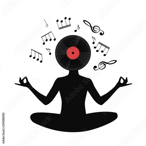 Girl in lotus position with a vinyl record instead of a head