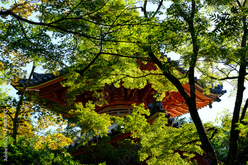Pagoda roof in japanese mitakidera temple, Hiroshima