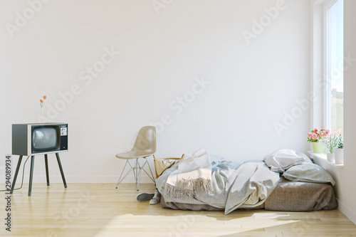Scandinavian style bedroom with old TV. Mock-up interior. 3d Illustration.