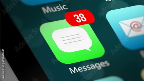 Message App Icon with Notifications and Incoming Massage Counter on Smart Phone Screen. New  Message Notification on Smart Phone Device. 